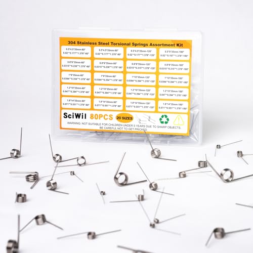 80PCS Torsion Spring Assortment Kit, 20 Sizes 60/90/120/180 Degree Stainless Steel Small Torsional Springs Set, for 3D Printer, Hinge Repair, Automotive Door Handle, DIY Mechanical Projects