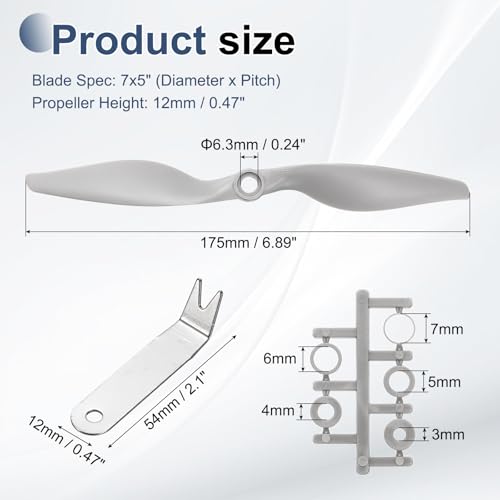 MECCANIXITY 7x5 Inch RC Propellers, 2-Vane Blades Prop Replacements Gray High Speed Propeller with Adapter Rings & Prop Wrench for RC Airplane Drones, Pack of 2 - size: 7" x 5"