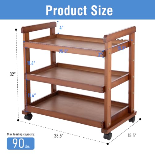 Falling in Art 3-Tier Beechwood Rolling Cart with Caster Wheels, Walnut - color: Walnut