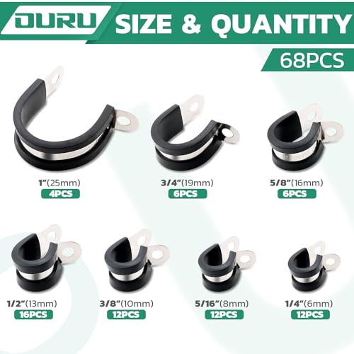 OURU 68PCS Cable Clamps Assortment Kit,Rubber Coated, 1/4"-1" 7 Sizes - size: 68 PCS - 7 Sizes