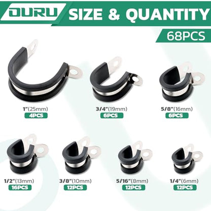 OURU 68PCS Cable Clamps Assortment Kit,Rubber Coated, 1/4"-1" 7 Sizes - size: 68 PCS - 7 Sizes