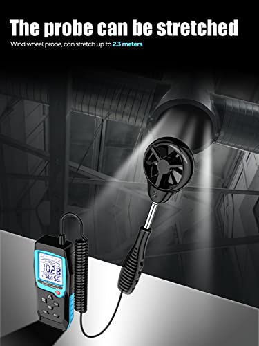 H12 Digital Anemometer Handheld Wind Speed Meter with Extended Wind Sensor, Measures Wind Speed Wind Flow Temperature and Humidity CFM Air Flow Velocity Meter with Big Backlit Screen