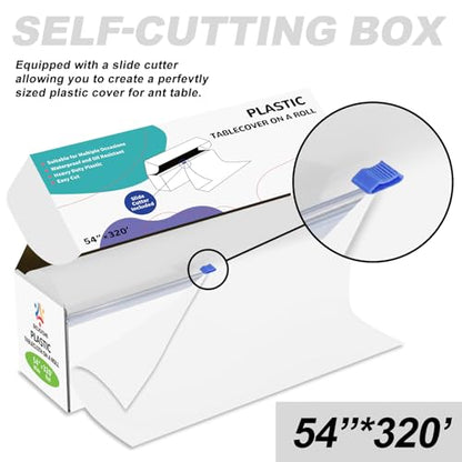 54IN X 320FT Plastic Table Cover Roll with Cutter Box, Cut to Size Plastic Table Cloths for Parties, Birthday, (White, 54"x3840"(Rectangular)) - color: White, size: 3840" x 54" (Rectangular)