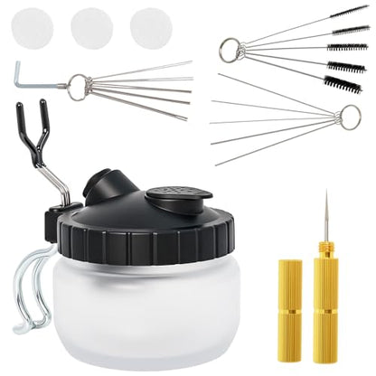 Podoy Airbrush Cleaning Kit, Glass Cleaning Pot with Holder Brushes Needles