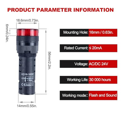 2pcs 16mm AC/DC 24V Red LED Buzzer Flash Alarm Signal Indicator Light Beep Signal Intermittent Sound - size: 16mm / 24V