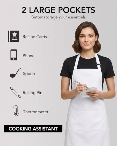 BOHARERS Kitchen Cooking Apron Unisex Adjustable chef apron with 2 pockets,1 Pack White - color: A3-1 Pack White