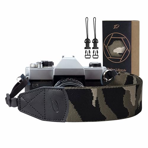 Padwa Lifestyle Camouflage Camera Strap - 2" Wide Genuine Leather Ends Camera Straps for Photographers, Vintage Forest Camo Strap with Camera Quick Release fits All Cameras - color: Camouflage