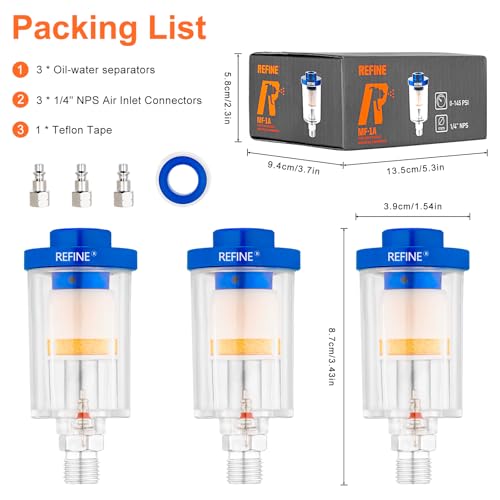 REFINE 3-Pcs Oil Water Separator 1/4" NPS Air Filter for Paint Guns