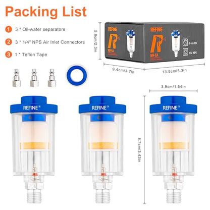 REFINE 3-Pcs Oil Water Separator 1/4" NPS Air Filter for Paint Guns