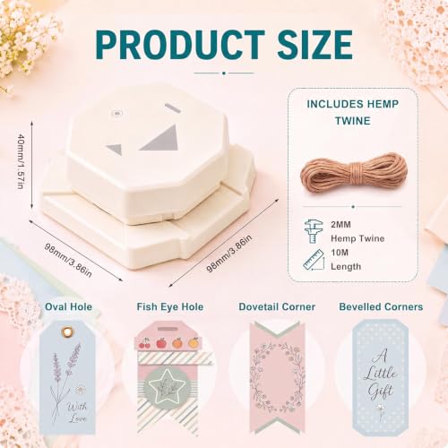 Lewtemi 4-in-1 Craft Tag Punch with Rope, Gift Tag Paper Punches for DIY - style: 4 in 1