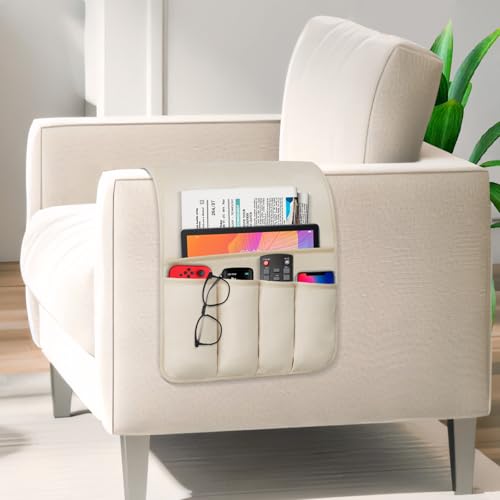 Remote Control Holder for Armchair Caddy, Remote Holder with 5 Pockets - color: Beige, size: 35"x12.4"