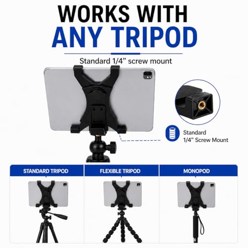 Acuvar Universal Tablet Tripod Mount Holder, Adjustable Stand Adapter for iPad, Samsung Galaxy Tab & Surface, Fits 8–11 Inch Tablets (Vertical & Horizontal), Compatible with Tripods & Monopods