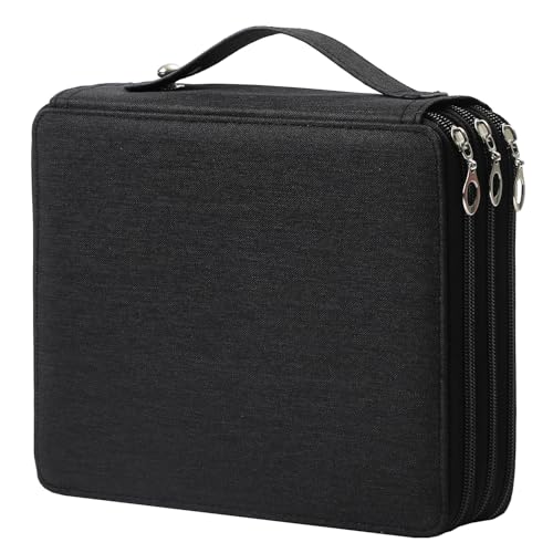 Canvas 120 Slots Pencil Case 3-Layer Zipped Holder w/Handle - color: Black, size: 120