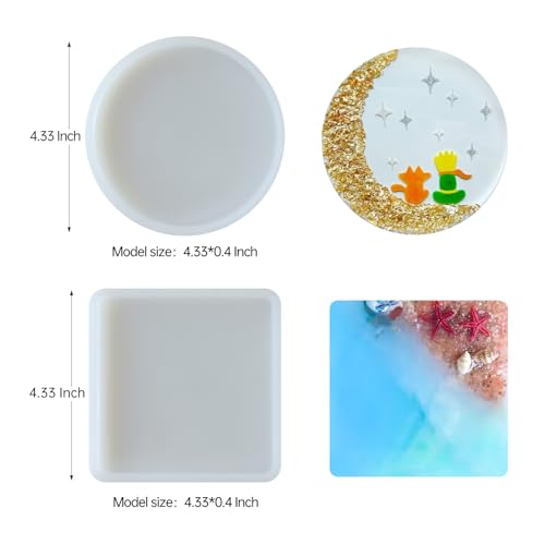 8-Pcs Silicone Resin Coaster Tray Mold, Round and Square - color: 4 Rounds + 4 Squares