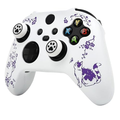 Cat Among Blossoming Branches Skin Compatible with Xbox Series X Wireless Controller, RALAN Protector Case， Customised Thumb Grips Cap - color: Cat White Purple