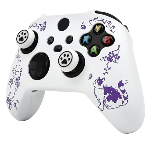 Cat Among Blossoming Branches Skin Compatible with Xbox Series X Wireless Controller, RALAN Protector Case， Customised Thumb Grips Cap - color: Cat White Purple