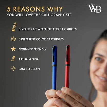 Wordsworth & Black Calligraphy Kit for Beginners, 2 Ink Pens, 5 Nibs, Blue - color: Red and Blue