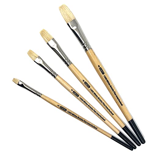 ZEM Brush Interlocked White Hog Bristle Artist Brush Set Flats 2,4,6,8