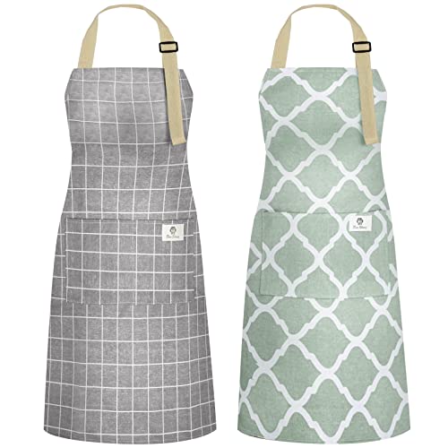 NLUS 2 Pack Kitchen Cooking Aprons, Adjustable Bib Waterproof Chef Apron with 2 Pockets for Men Women(Green Plaid/Grey Plaid) - color: Gray/Green