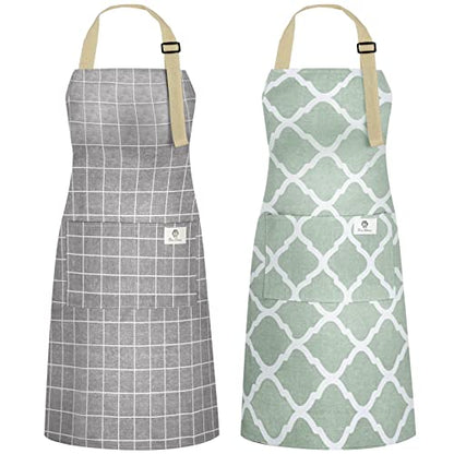 NLUS 2 Pack Kitchen Cooking Aprons, Adjustable Bib Waterproof Chef Apron with 2 Pockets for Men Women(Green Plaid/Grey Plaid) - color: Gray/Green