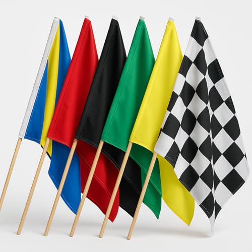 PromoPatriot Official Auto Racing Flag Set, 7 Piece 24x30 Inch Single-Sided Heavy-Duty Nylon Race Flags on 30″ Wooden Poles, Track Marshal Signal Set for Motorsports, Kart Racing & Race Decorations.