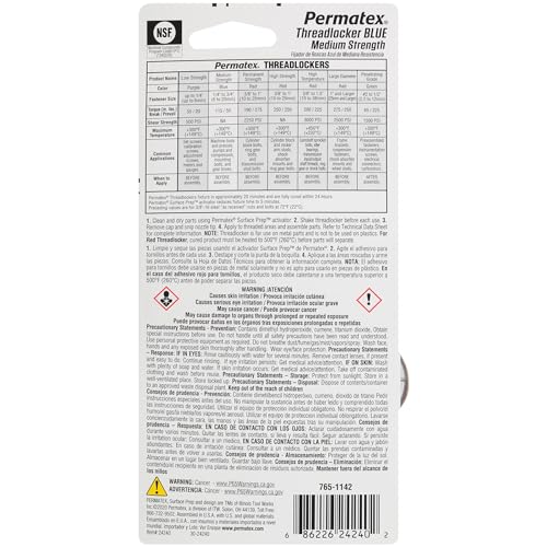 Permatex 24240 Medium Strength Threadlocker Blue, 36 ml, Automotive Threadlocker For Preventing Bolts From Loosening And Corrosion, Removable With Hand Tools - size: 36 ml, style: Liquid - Medium Strength