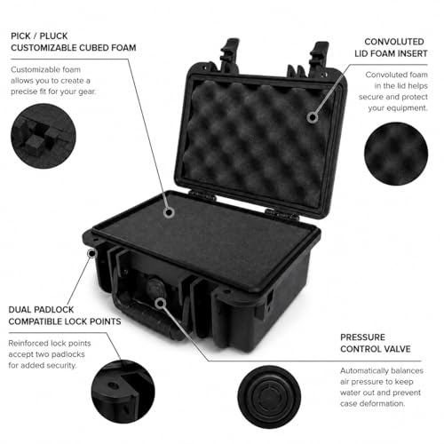 DCB Cases - Element 2501F Waterproof Hard Case with Foam Insert - IP67 Dustproof | Impact-Resistant | 9.84 x 8.58 x 4.45 Ext Dim | Pressure Valve | Lockable Protective Storage