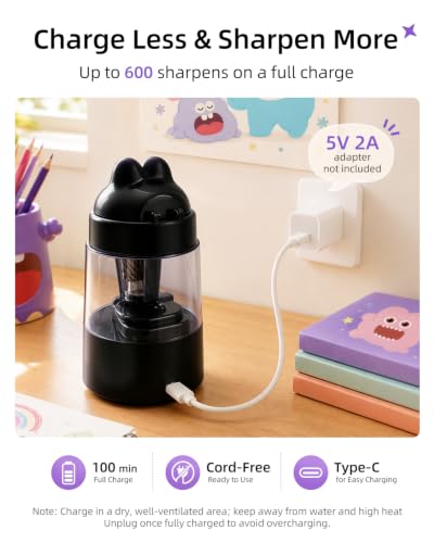 ZMOL Black Bunny Electric Pencil Sharpener, 6-8mm, Rechargeable, Stickers - color: Black