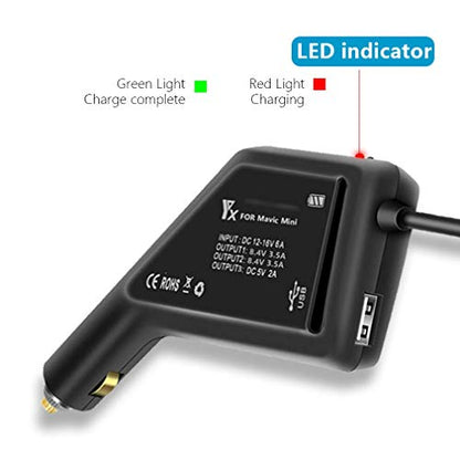 Hanatora Battery Car Charger for DJI Mavic Mini(1st Generation),Triple Output (2 x Battery+USB),Multi Rapid Drone Charging Hub