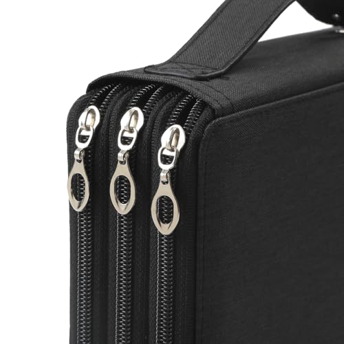 Canvas 120 Slots Pencil Case 3-Layer Zipped Holder w/Handle - color: Black, size: 120