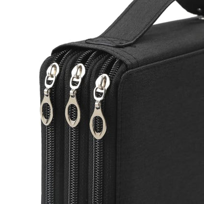 Canvas 120 Slots Pencil Case 3-Layer Zipped Holder w/Handle - color: Black, size: 120