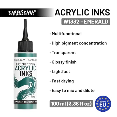 KAMENSKAYA Acrylic Inks for Artists - Emerald Acrylic Ink, 3.38 Fl Oz (100 ml) - color: Emerald