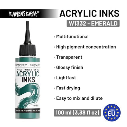 KAMENSKAYA Acrylic Inks for Artists - Emerald Acrylic Ink, 3.38 Fl Oz (100 ml) - color: Emerald