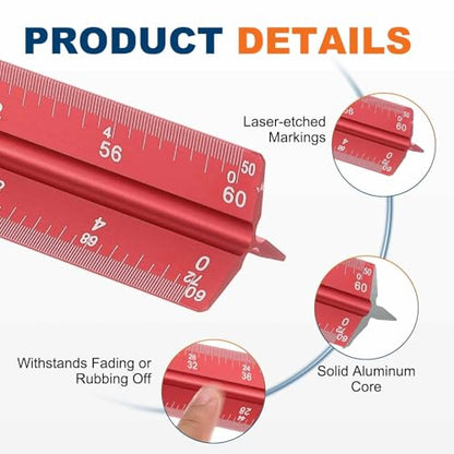 HARFINGTON 2 Pcs Architectural Scale Ruler, 12 Inch Standard Aluminum Alloy Architect Triangular Large Scale Laser-Etched Blueprint Drafting Ruler for Architects Engineers, Red - color: Red, size: 12 Inch