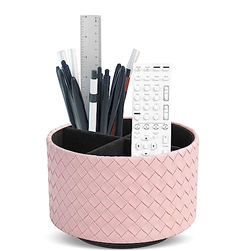 Round Leather Art Supply Organizer,Remote Control Holder,360 Degree Spinning,Multi-Functional Pencil Holder,4 Compartments Desktop Stationary Organizer(1-Weave Pink) - color: 1-Weave Pink