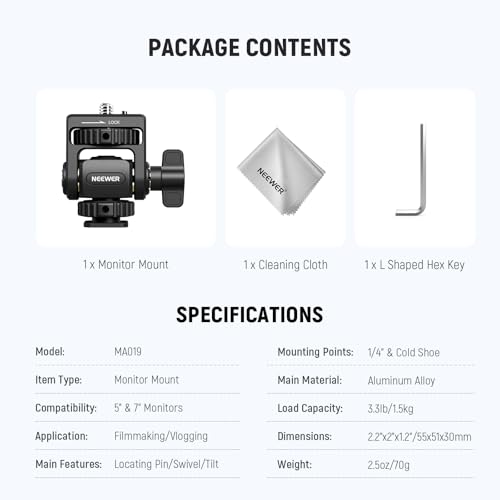 NEEWER Field Monitor Mount Holder with Cold Shoe Adapter 360 Swivel 180 Tilt Anti Twist Screw/Cleaning Cloth, Compatible with Atomos Ninja 5"/7" Camera Monitor Compatible with SmallRig Cam Cage, MA019 - style: MA019