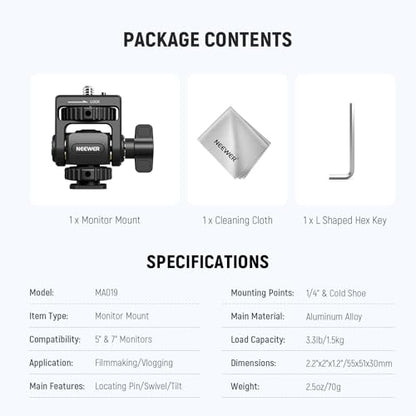 NEEWER Field Monitor Mount Holder with Cold Shoe Adapter 360 Swivel 180 Tilt Anti Twist Screw/Cleaning Cloth, Compatible with Atomos Ninja 5"/7" Camera Monitor Compatible with SmallRig Cam Cage, MA019 - style: MA019