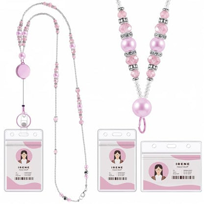 Beaded Teacher Lanyard with Retractable Badge Reel, Pink - color: Pink