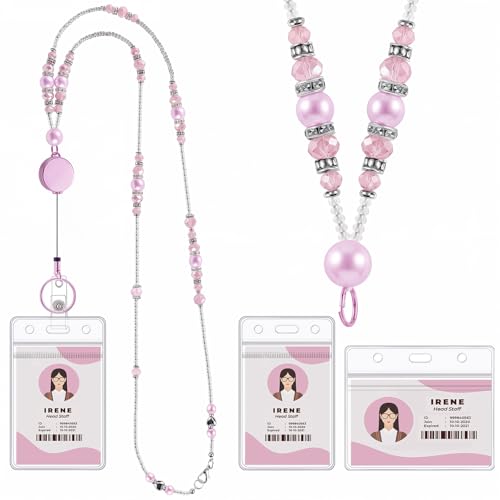 Beaded Teacher Lanyard with Retractable Badge Reel, Pink - color: Pink