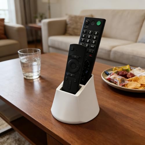 Dual Slot Remote Control Holder for Table, 3D Printed TV Remote Organizer & Caddy, Modern Desktop Storage Box for Air Conditioner Remotes, Minimalist Living Room Decor (White)