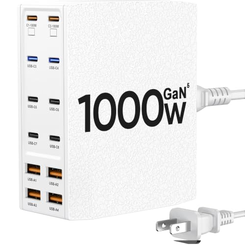 1000W USB Charging Station,12-Port USB C Charger Block with Dual 100W PD - color: White