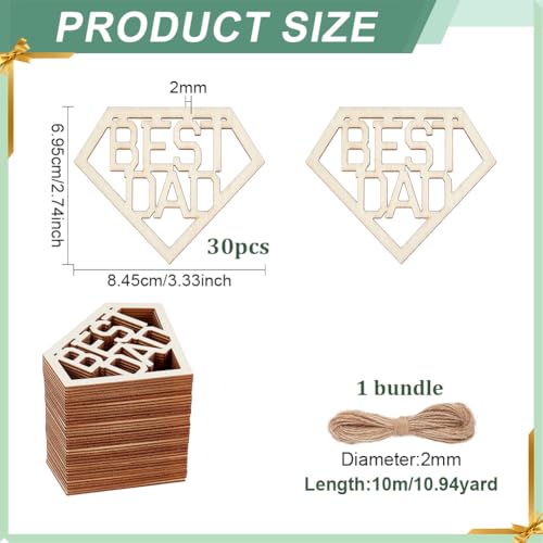 PH PandaHall 30pcs 3.3"x2.7" Best DAD Unfinished Wooden Pendants