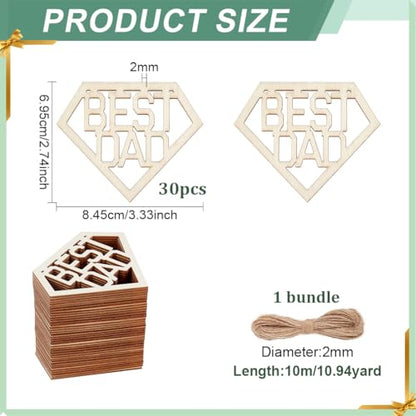 PH PandaHall 30pcs 3.3"x2.7" Best DAD Unfinished Wooden Pendants