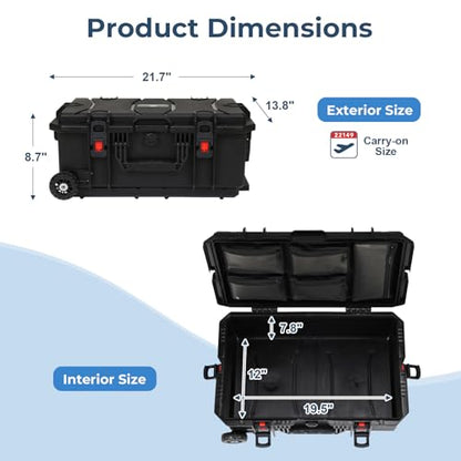 Weatherproof Hard Case, Stackable Trolley Case with Wheels, Hook and Loop Divider & Strap, IP67 Waterproof for Camera, Drones and Gear, 21.7" x 13.8" x 8.7", Black - color: Black