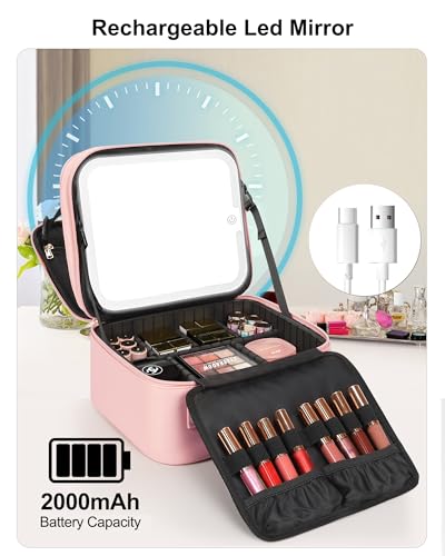 Relavel Makeup Bag with LED Mirror, Small Travel Makeup Case, Pink - color: 01-Pink, size: 1-Small(2 Layers)