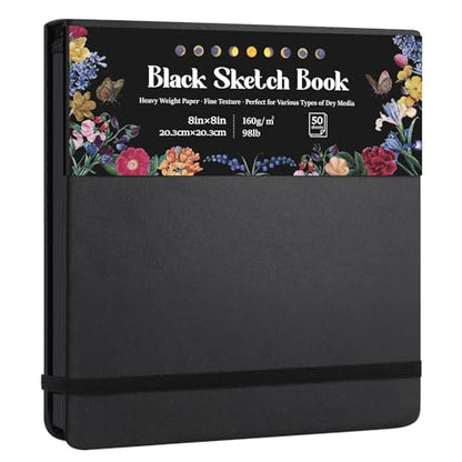 160gsm Black Paper Sketchbook 8 × 8 in, 50 Sheets Black Paper Notebook - size: 8×8 Inch (1 pack)