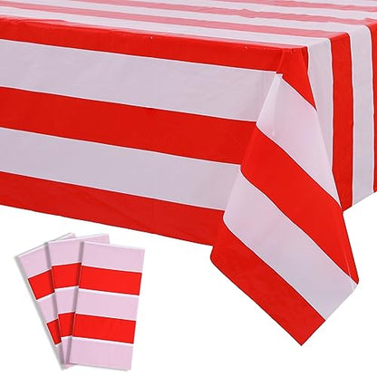 Kesfey Red Striped Tablecloth Carnival Vertical Stripe Table Cover 3 Packs - color: Red Vertical Striped