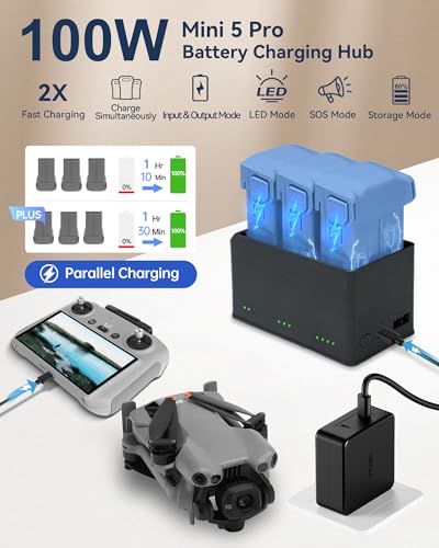 LKTOP 100W Mini 5 Pro Parallel Charging Hub with 130W Car Charger for DJI, Super Fast Battery Charger USB-C Power Adapter for DJI Mini5 Pro Drone Accessories (Parallel Charge 3 Batteries: 1hr 10min) - size: For Mini 5 Pro, style: Hub + Car Charger
