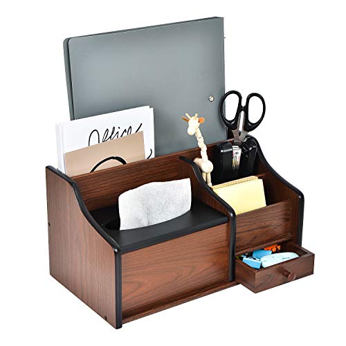 Cherry Brown Wood Desk Organizer Tissue Box Lid Multiple Slots Drawer Tabletop Storage Cabinet Solid Wood Phone Tablet Remote Control Holder Office Supplies Caddy Accessory Sorter Home