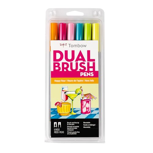 Tombow 56243 Dual Brush Pen Art Markers, Happy Hour, 6-Pack. Brush/Fine Tip